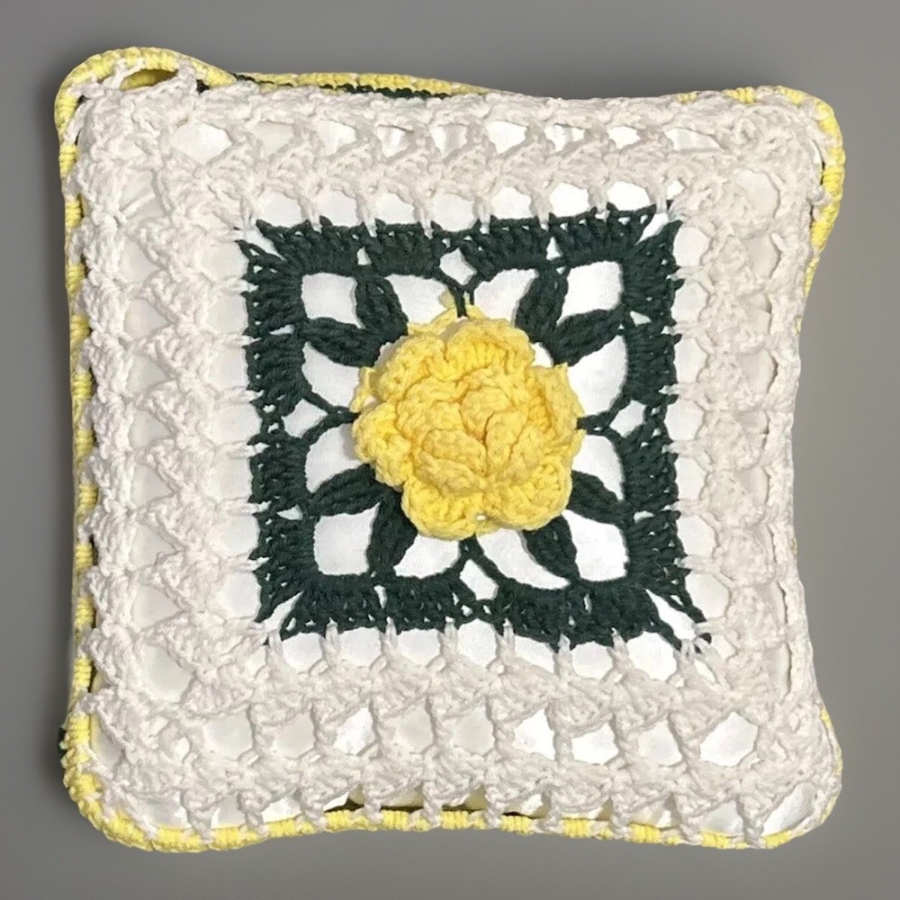 Handmade Crochet Rose Granny Square Throw Pillow Yellow White Green Floral Boho
